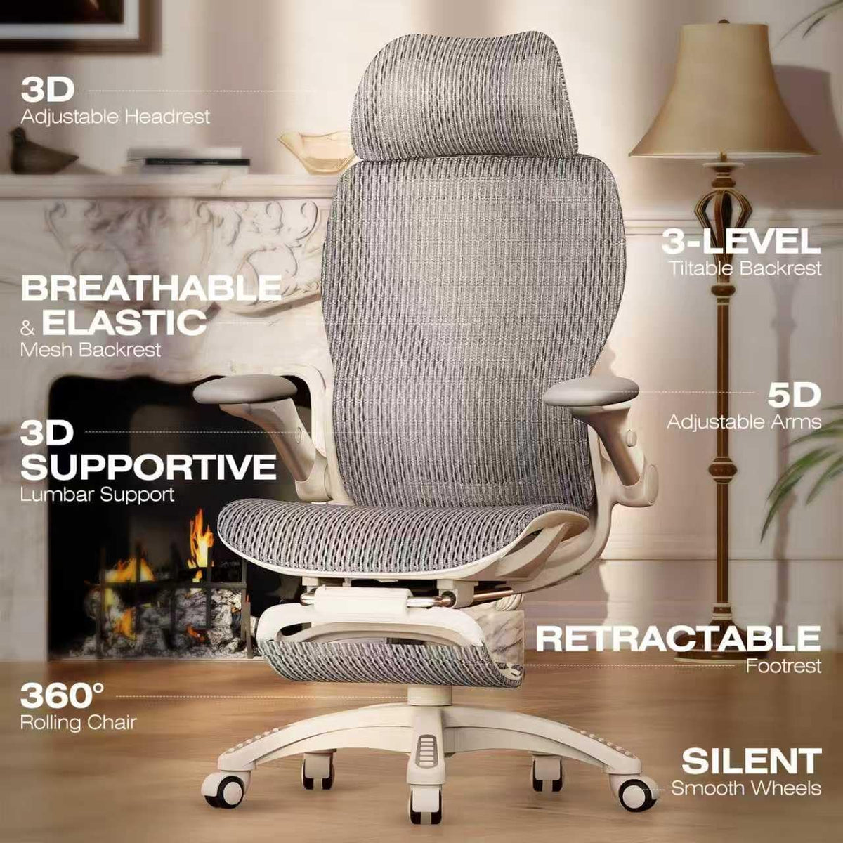 ELABEST X100 Ergonomic Mesh Office Chair with Footrest, Big and Tall Home Desk Chair with 5D Flip-Up Arms, Adjustable 3D Lumbar Support, Gaming & Executive Computer Chair - Image 3
