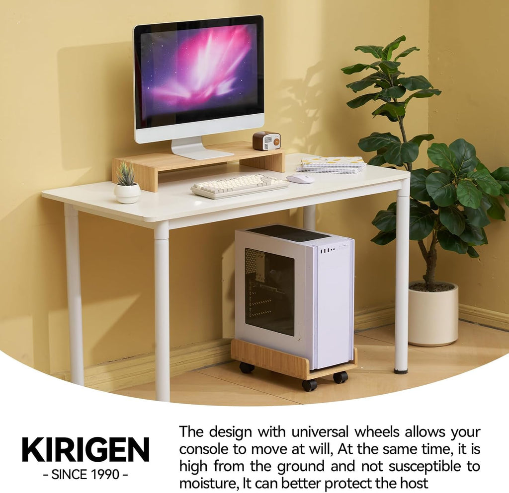 KIRIGEN Wood Computer Tower Stand with Wheels, Rolling PC Cart, Natural - Image 2