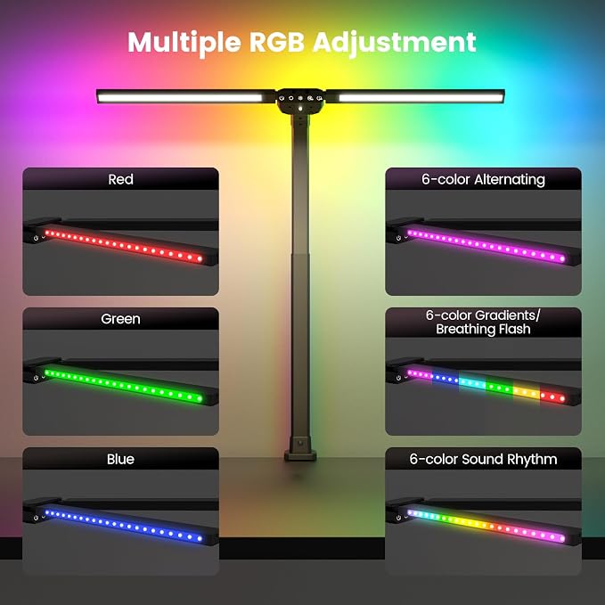 Upgraded LED Desk Lamp for Home Office with RGB, Rotatable Computer Desk Light with Remote, Tall Table Lamp with Clamp for Working, Dimmable Dual Head Task Lighting for Monitor PC, 22W - Image 4