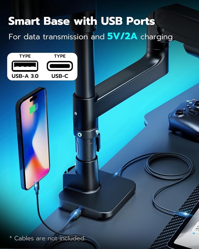 ARES WING Stack Dual Ultrawide Monitor Mount with USB A/C for 17 to 49 Inch | Pro Gas Spring, Aluminum Material, Flexible Screen Layouts, for 75/100 Vesa Mount, Hold 44 Lbs Each Arm, for Samsung Monitor - Image 7