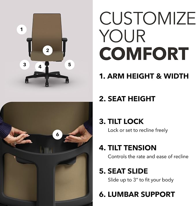 HON Ignition 2.0 Ergonomic Office Chair, Lumbar Support, Quicksand | Ergonomic office desk chair with lumbar support, adjustable arms, office decor, workstation comfort for focused productivity - Image 3