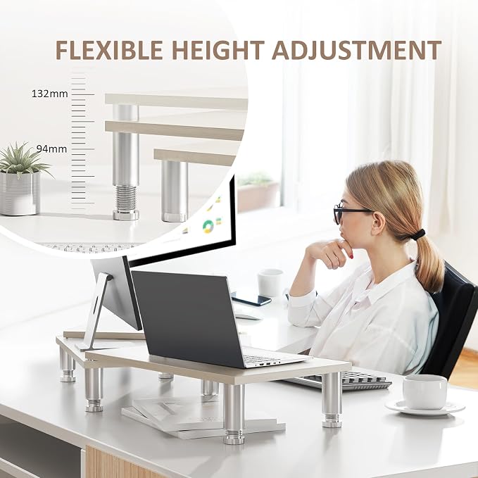 Dual Monitor Riser - Adjustable Length & Angle, Wooden Stand for 2 Monitors with Storage - Image 2