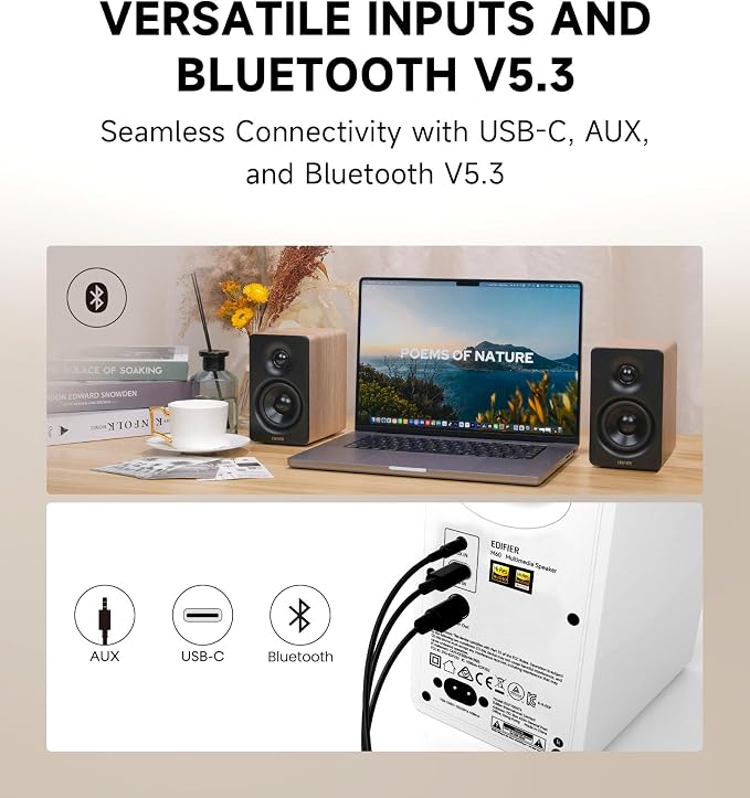 Edifier M60 Multimedia Speaker, 66W RMS Computer Speaker, Classic Oak | Bluetooth 5.3, Hi-Res Audio with LDAC, 3" Mid Bass & 1" Tweeter, USB-C AUX Inputs, Compact Desktop Speaker - Image 5