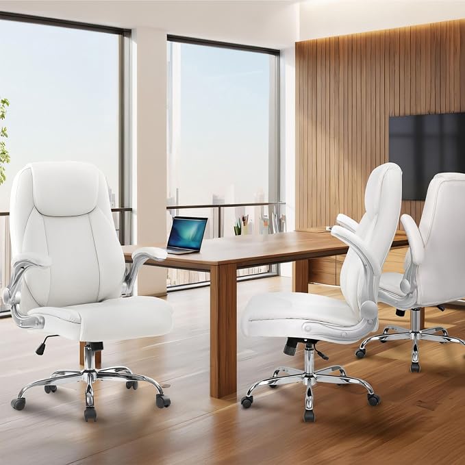 NEO CHAIR Office Desk Chair, High Back PU Leather with Flip-up Arms, White | Ergonomic Tall Computer Desk Chair Comfy, Height Adjustable, Swivel Rolling Wheels for Office Home Gaming Study - Image 9