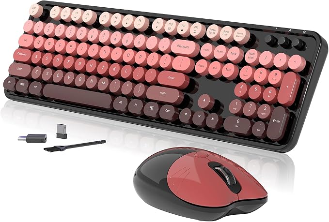 Wireless Keyboard and Mouse, 104 Round Keycaps Retro Typewriter | with OTG & Brush, Full-Size Ergonomic, Ideal for Windows PC, Home, Office and College Black Pink by Unknown
