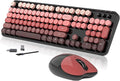 Wireless Keyboard and Mouse, 104 Round Keycaps Retro Typewriter | with OTG & Brush, Full-Size Ergonomic, Ideal for Windows PC, Home, Office and College Black Pink by Unknown
