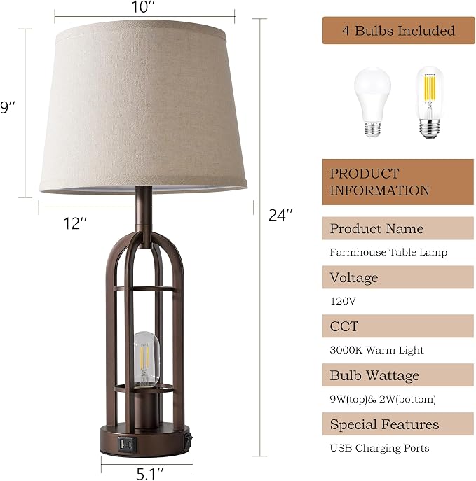 SRJJA Table Lamps for Living Room End Table Set of 2 - Farmhouse Industrial Bedside Lamps for Bedroom Nightstand with Nightlight and USB A+C, 4 Bulbs Included - Image 6