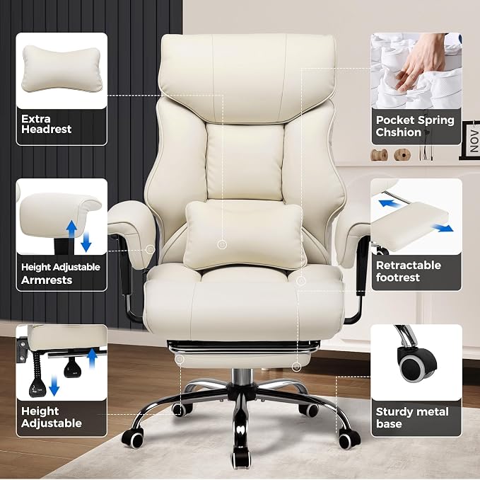 GTPLAYER Big and Tall Gaming Chair 400lbs Heavy Duty Office Chair with Foot Rest & Ergonomic Pocket Spring Cushion, High Back Lumbar Support for Lower Back Pain Relief, Beige - Image 5