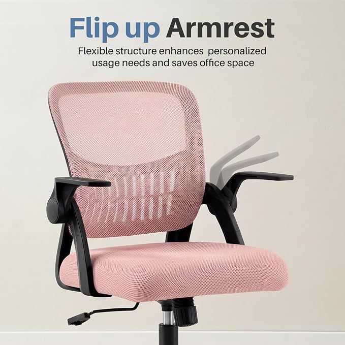 DUMOS Office Desk Chair, Lumbar Support Mesh Home Chair | Ergonomic Computer Mesh, Rocking Mode Flip-up Armrest, Height Adjustable 360 Swivel, Pink - Image 7