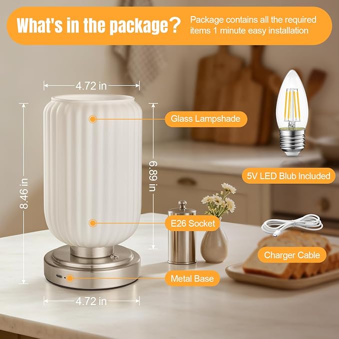 LightRound Cordless Table Lamp for Bedroom, Touch Stepless Dimmable | 7500mAh Rechargeable Battery, White Glass Shade, Nickel Gold Base, Bulb Included, Modern Wireless Lamp for Desk, Living Room - Image 6