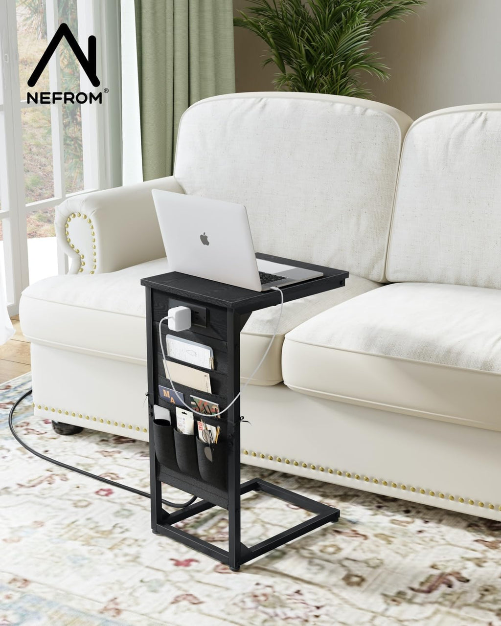 C-Shaped End Tables Set of 2, Small Couch Side Table with Fast-Charging Station, Sofa TV Tray Table with Storage Bag for Living Room, Bedroom, Bedside ET-BK-2 - Image 6