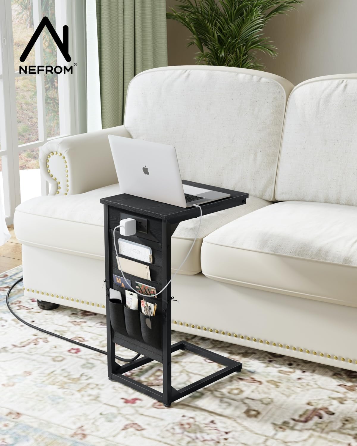 C-Shaped End Tables Set of 2, Small Couch Side Table with Fast-Charging Station, Sofa TV Tray Table with Storage Bag for Living Room, Bedroom, Bedside ET-BK-2 - Image 6