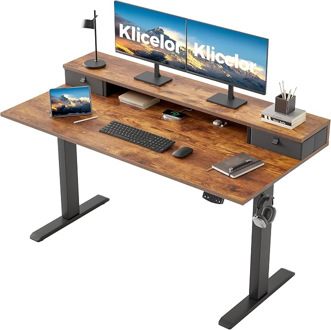 Klicelor 55 x24 Inch Electric Standing Desk with Drawers, Adjustable Height Small Sit Stand Desk for Home Office, Compact Computer Workstation with Storage– Rustic Brown by Unknown