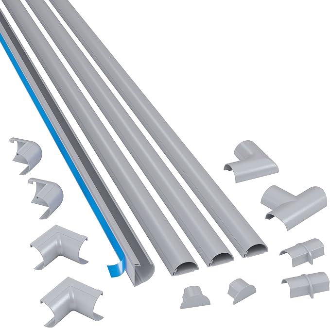 D-Line 13.12ft Cord Hider Kit, Patented Cable Cover, Hide Wires on Wall, Channel for TV Mount Cords, Raceway Wire Hiders, Paintable, Adhesive, Half Round, 4X 1.18in W x 0.59in H x 39in Lengths, Gray by D-LineUSAinc