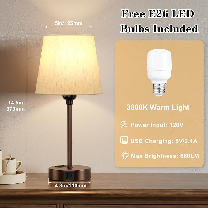 Brown Bedside Lamps Set 2 for Bedroom - Dimmable Touch, USB C+A, AC Outlet | 14.5" Mini Lamp, 3-Way Dimmable, LED Bulbs Included, Cream Barrel Fabric Lampshade, Nightstand Light for Guest Room, Kids - Image 4