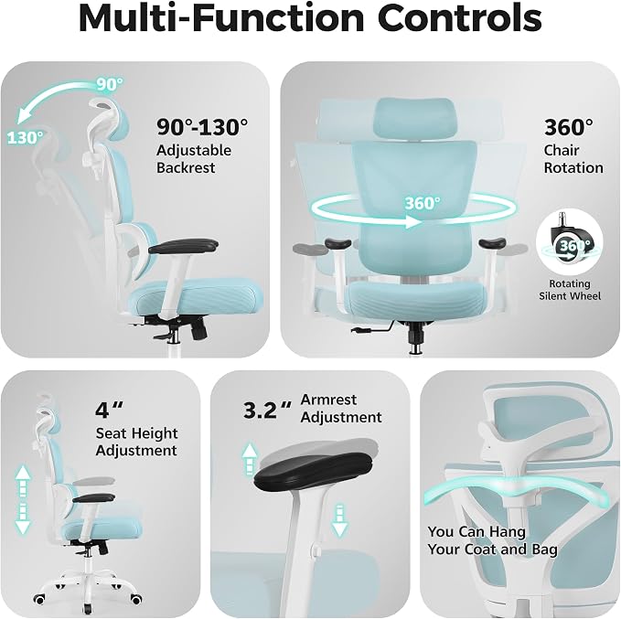 Ergonomic Office Chair High Back Desk Chair with Lumbar Support, Breathable Mesh Computer Chair with Adjustable Armrests Height, Reclining Swivel Big and Tall Gaming Chair for Home Office(Light Blue) - Image 8