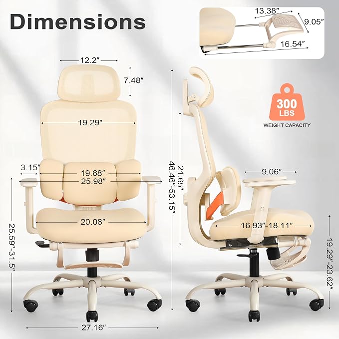 Ergonomic Office Chair with Footrest, Mesh Desk Chair with Adjustable Headrest & Armrests & Dynamic Floating Wing Lumbar Support, High Back Computer Chair for Home Office, BIFMA Certified, Beige - Image 3