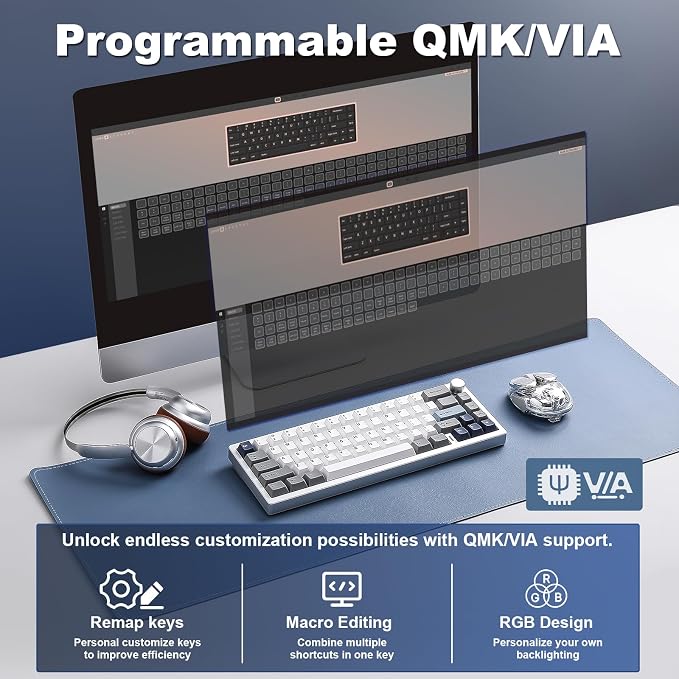 YUNZII AL68 Aluminum Wireless Mechanical Keyboard(Silver, Gateron Zero) | QMK/VIA, Function Knob, Gasket Mount, RGB Backlit, Creamy Pre-lubed Switches, BT/2.4G/USB-C,QMK/VIA for Gaming/Mac/Win - Image 6
