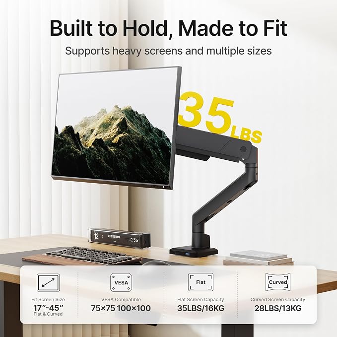 monTEK Single Monitor Arm for Max 45 Inch Ultrawide Screens, Holds 35 Lbs | Adjustable Monitor Desk Mount with C Clamp/Grommet Desk Mount, Cable Management, VESA 75/100mm, Black - Image 2