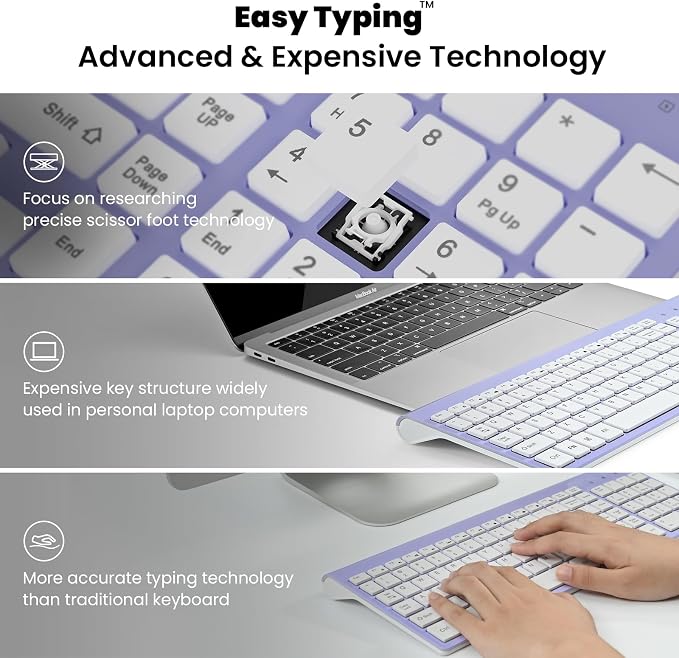 cimetech Wireless Keyboard and Mouse Combo - Purple White | Compact quite scissor-switch keyboard with optical mouse, includes USB-A Nano Receiver, for Computer,Mac,Laptop,PC,Windows - Image 4