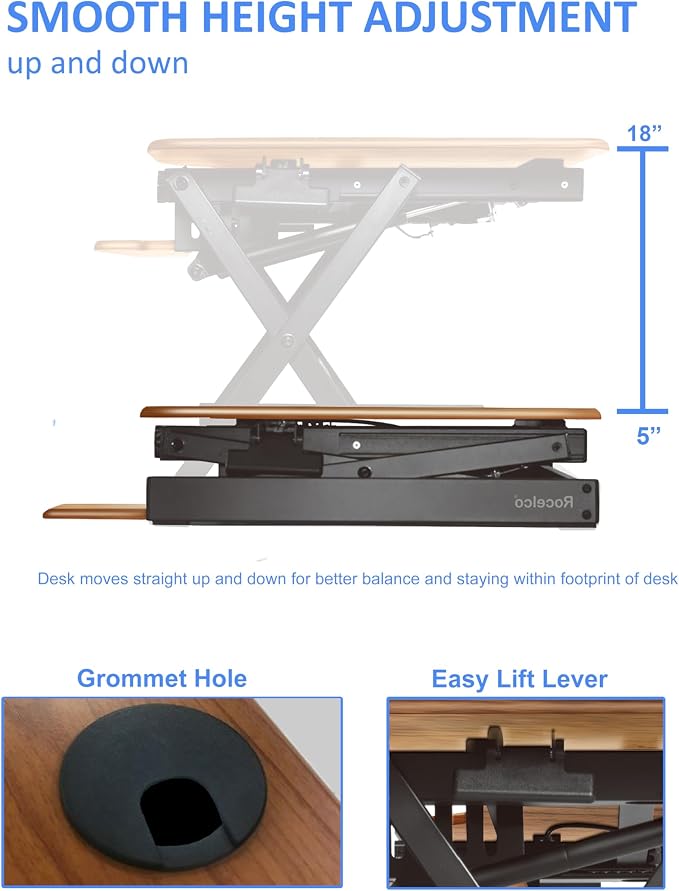 Rocelco 46" Height Adjustable Corner Standing Desk Converter with Dual Monitor Arm Mount Bundle - Sit Stand Up Tabletop Computer Workstation Riser - Extra Large Keyboard Tray - Teak (R CADRT-46-MA2) - Image 2