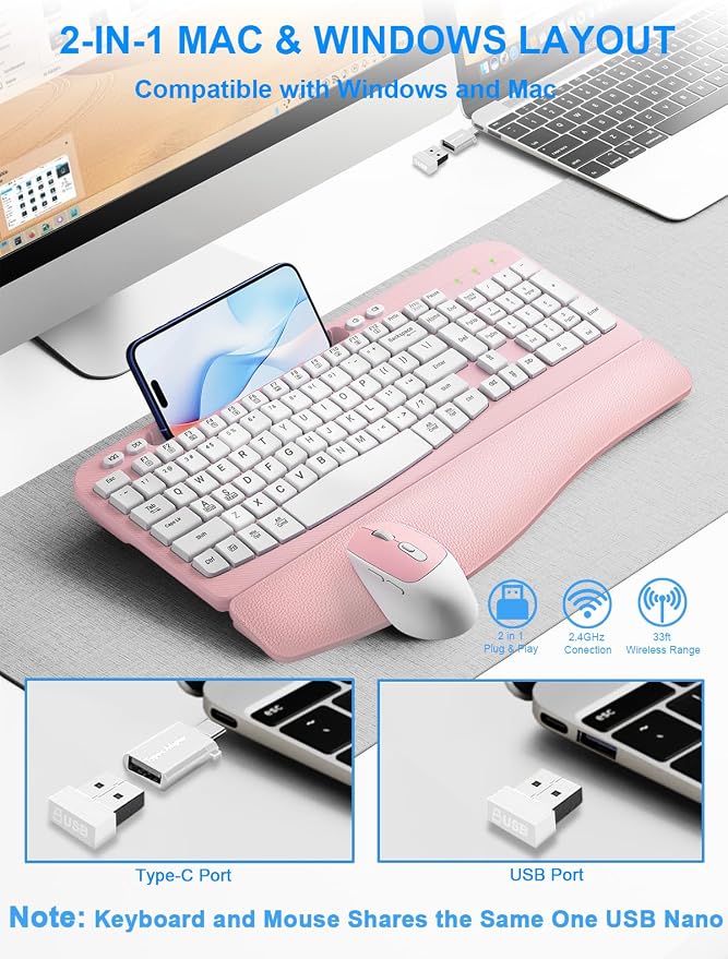 Hayyiesh Ergonomic Wave Keys Wireless Keyboard and Mouse Combo, Full Size with Memory Foam Wrist Rest & Phone Holder, 2.4G Cordless Set with USB-C Adapter for Windows Mac Desktop Laptop (Pink) - Image 7