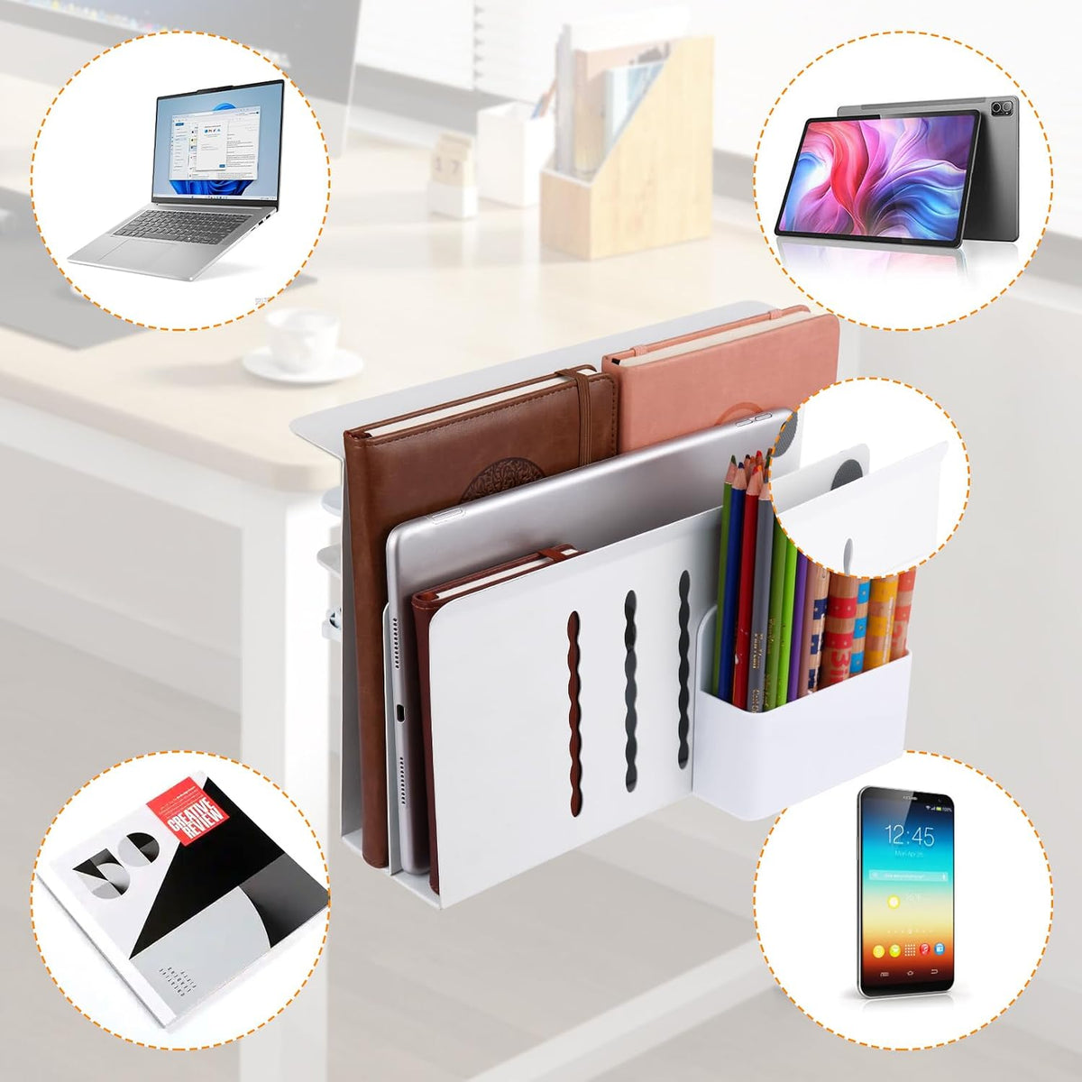 Desk Side Storage, 2 Tier Steel Hanging Organizer, No Drill Side Desk Organizer, Laptop Holder, with Pen Holder, For Office Supplies & Studio Essentials - Image 4