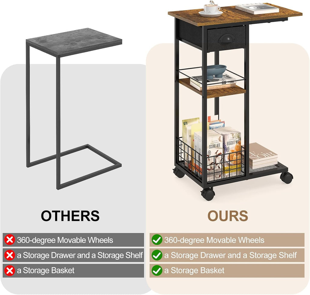 3-Tier Side Table with Wheels and 360° Rotation, C Table with Drawer, End Table for Couch, Space Saving Small Desk for Narrow Space, TV Tray, Vintage Bedside Table for Living Room, Bedroom - Image 6