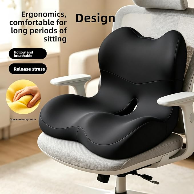 X Large Memory Foam Seat Cushion Lumbar Support Pillow for Sciatica & Tailbone Pressure Relief Coccyx Pad for Office Chair, Car,Wheelchair,Home,Office-Black - Image 2