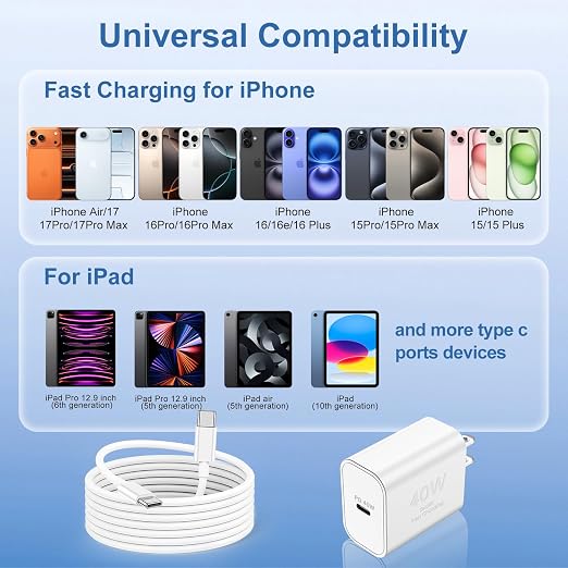 iPhone 17 16 15 Pro Max Charger Fast Charging, 2Pack 40W USB C Charging Block Plug and 10ft Type C to C Cable Cord Long for Apple iPhone 17 Pro Max/17 Air/17/16 Pro/16 Plus/15 Pro/15 Mini/iPad/AirPods - Image 6