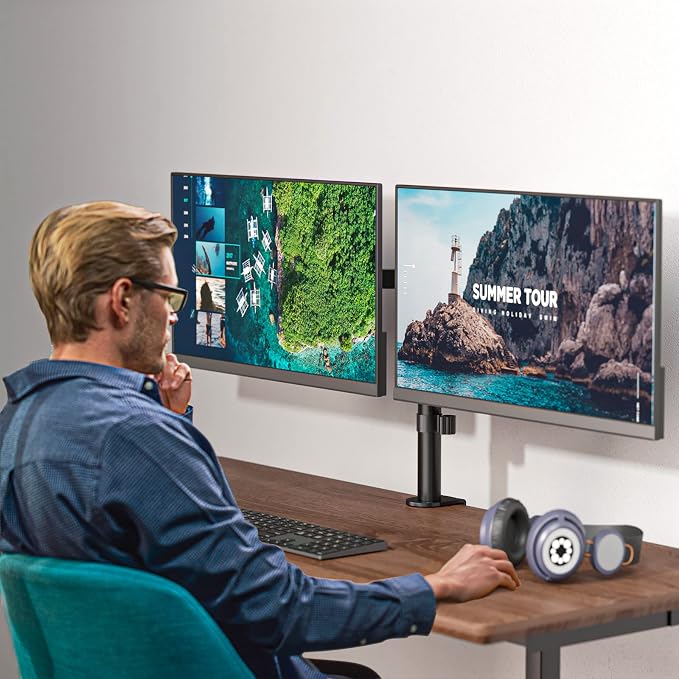 WALI Articulating Dual Monitor Stand for 13-27 inch Screens, 22 lbs per Arm | 2 Monitor Desk Mount, Full Motion with Tilt, Swivel, Rotation, C-Clamp & Grommet Base, VESA 75/100mm (M002), Black - Image 7