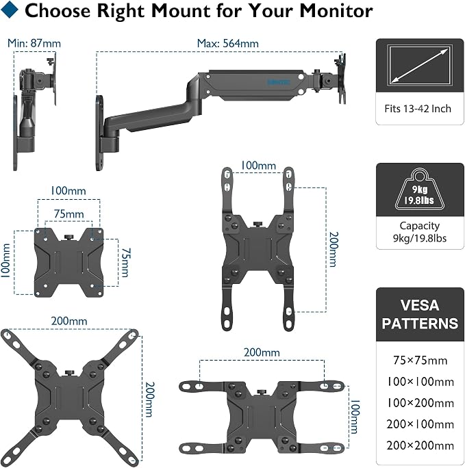 BONTEC Monitor Wall Mount Arm, 13-42 Inch Screens, Max VESA 200x200mm | VESA Gas Spring Height Adjustable, Max 19.8lbs, Swivel, Tilt, Space-Saving Desk Mount, Easy Installation, Single Arm TV Mount - Image 8