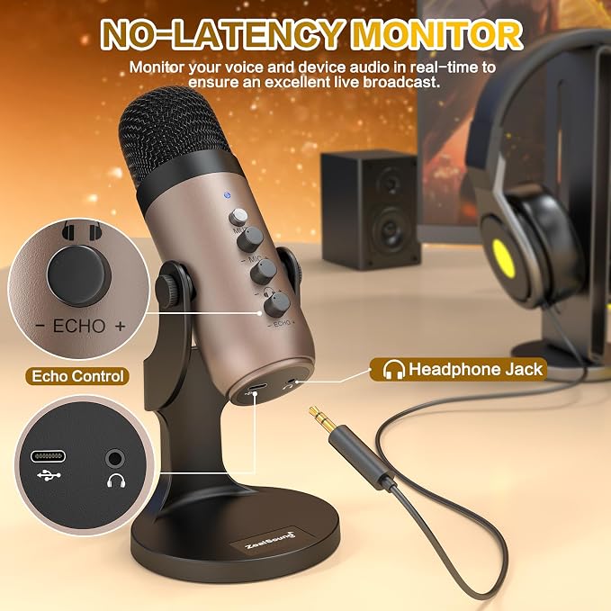 ZealSound Podcast Microphone for PC, Noise Cancellation USB Mic with Gain, Volume Adjustment & Mute Button, Monitoring & Echo, for YouTube, TikTok, Podcasting, Streaming, iPhone, iPad, Android, Mac - Image 4