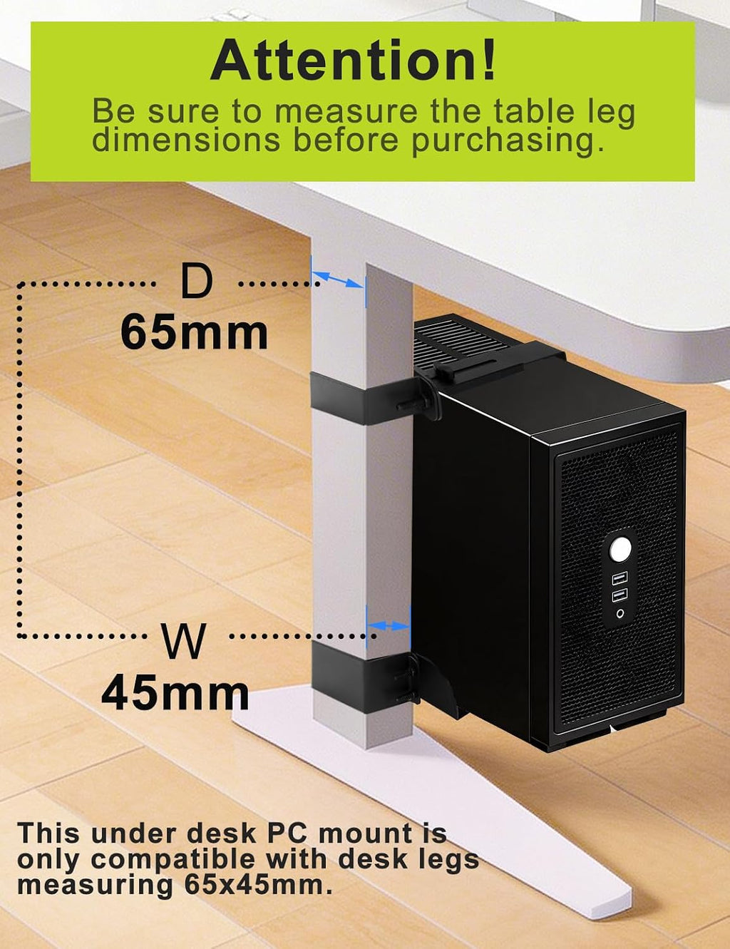 No-Drill Under Desk PC Mount, Adjustable CPU Holder for Standing Desk, Compatible Only with 65mm × 45mm Desk Legs, Supports up to 50 lbs, Includes Non-Slip Pads - Image 3
