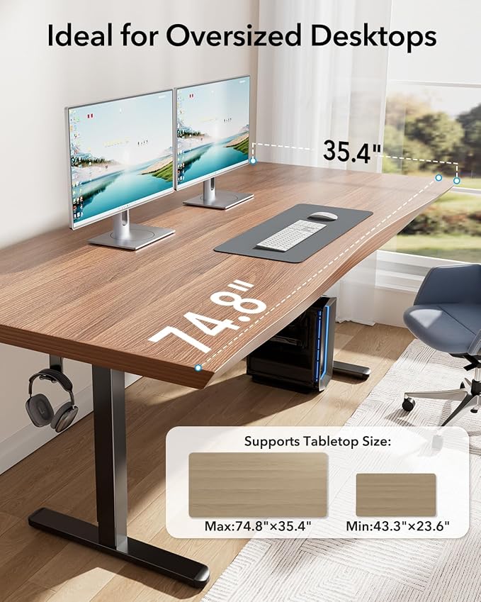 HUANUO Standing Desk Frame with Brushless Motor for Max 75 x 35 inch Tops | 220lbs capacity,4 preset heights,28.3"-46.5" Height Range,Stable Steel Legs,quiet lift,Cable Tray & Dual Hooks,black finish - Image 6