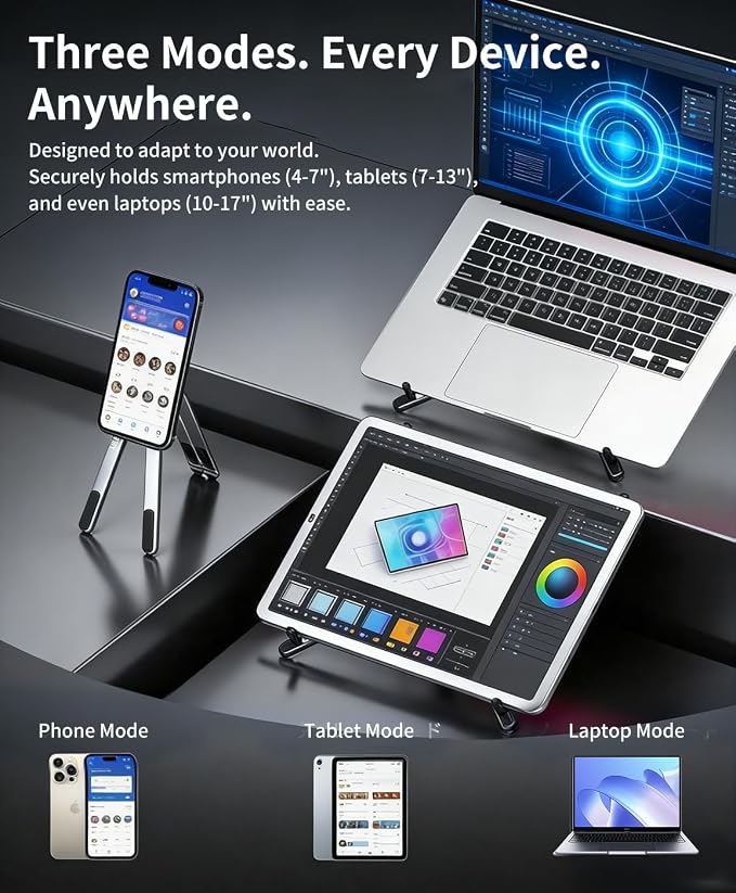 Laptop Stand for Desk, 8-Level Adjustable, Magnetic Phone Mount Silver | For 13–17 in laptops. Aluminum build, anti-slip support and fold-flat portability. Includes a magnetic ring and carry bag. - Image 2