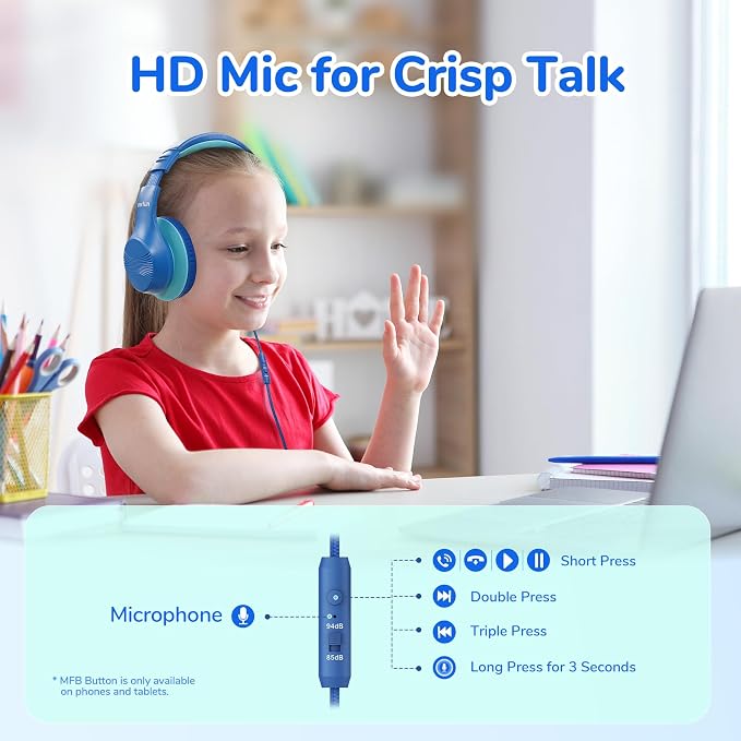 EarFun K3 Kids Headphones, Over Ear Headphones with Microphones, 85/94dB Safe Volume Limit, HD Stereo Sound, 3.5mm Jack, Foldable Wired Headphones for School/Travel/Boys/Girls/Tablet/iPad, Blue | Built-in Mic, 85/94dB Volume Limit, HD Stereo Sound, 3.5... - Image 3