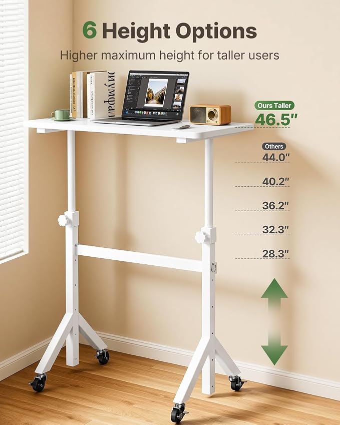 Marsail Mobile Stand Up Desk with Wheels, Adjustable Height Desk from 28.3″ to 46.5″, Rolling Standing Desk with Lockable Wheels, Portable Small Desk for Walking Pad and Treadmill, White - Image 3
