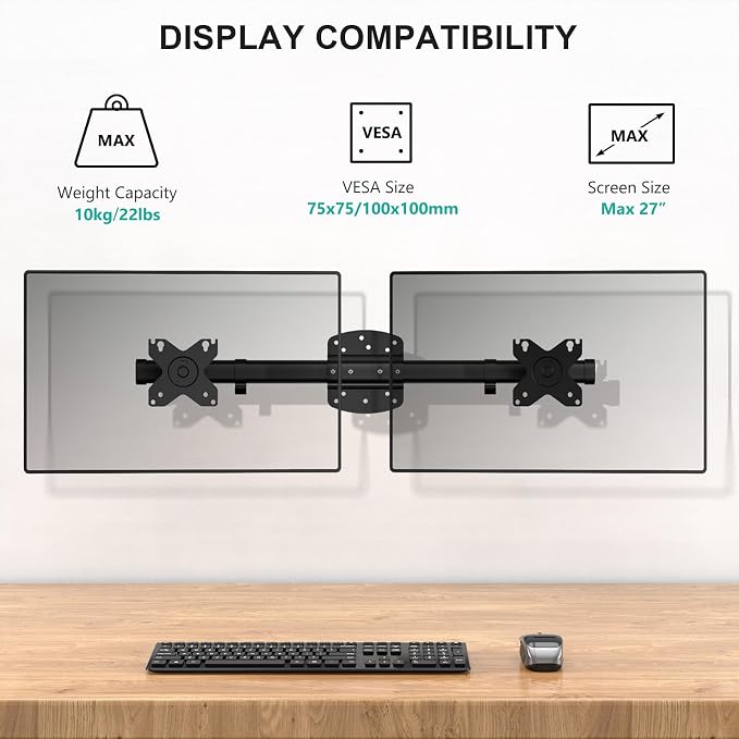 WALI Dual Monitor Wall Mount for 13-27 inch Screens, up to 22lbs | Wall Mount Monitor Arm, Horizontal Assembly, Full Motion with Tilt, Swivel, Rotation, VESA Mount 75/100mm (012ARM), Black - Image 2