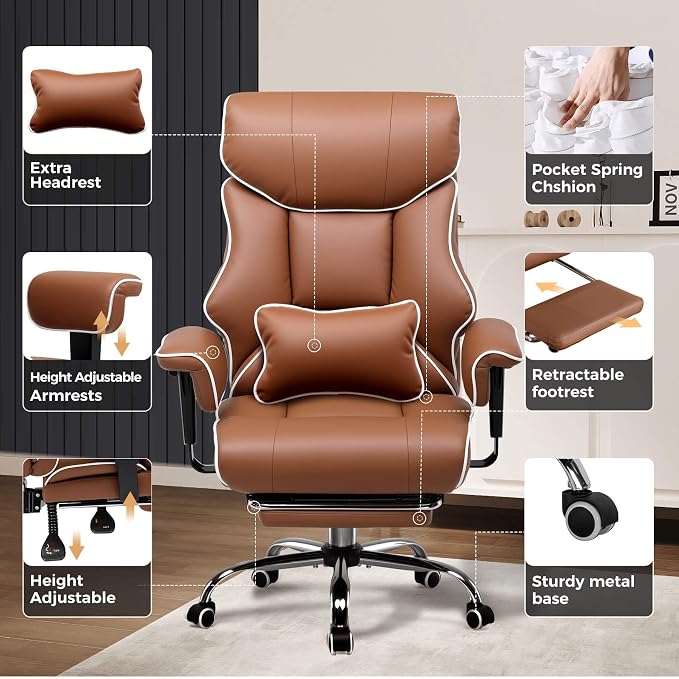 GTPLAYER Big and Tall Gaming Chair 400lbs Heavy Duty Office Chair with Foot Rest & Ergonomic Pocket Spring Cushion, High Back Lumbar Support for Lower Back Pain Relief, Coffee Brown - Image 6