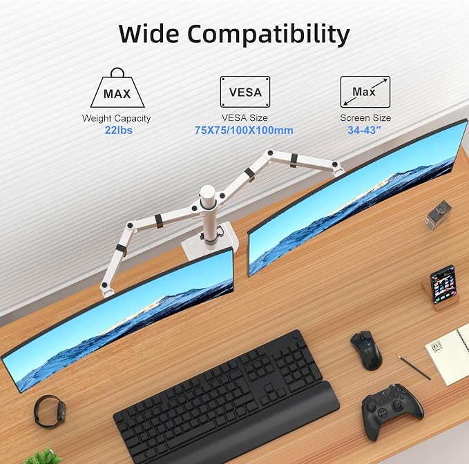 Suptek Dual Monitor Desk Mount, Adjustable Dual Monitor Arm for 2 Monitor Screens up to 43 inch, 15.75" Pole Monitor Stand for Desk, Holds up to 22 lbs,White(MD9442LW) - Image 8