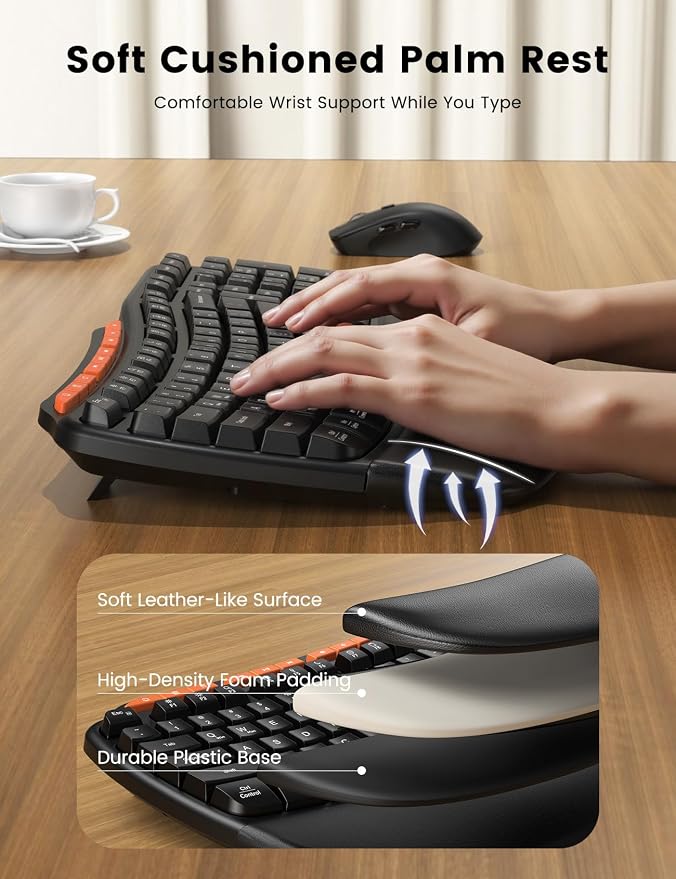 Ergonomic Wireless Keyboard and Mouse Combo, 2.4G Full Size Wave Key Board with Cushioned Palm Rest, Natural Typing, 3 DPI Adjustable Mouse, USB-A & C for Computer/Laptop/Mac/Tablet - Sablute MA31 | Memory Foam Leather Wrist Rest, Stable 2.4GHz Wireles... - Image 2