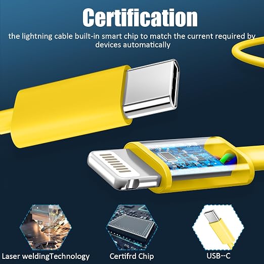 Phone 14 13 12 11 Fast Charger,10FT Long Phone Chargers Fast Charging Lightning Cable with 20W USB C Charger Block for Phone 14/14 Pro Max/13/13 Pro Max/12/12 Pro Max/11/11Pro/XS/Max/XR/X,Pad,Yellow - Image 3