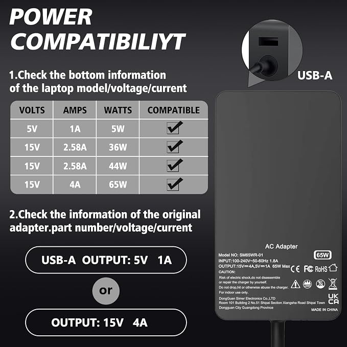 65W Surface Pro Laptop Charger Compatible with Microsoft Surface Pro 11 10, 9, 8, X, 7+, 7, 6, 5, 4, 3, Magnetic Surface Connector, Support 65W, 44W, 36W, with USB Port - Image 4