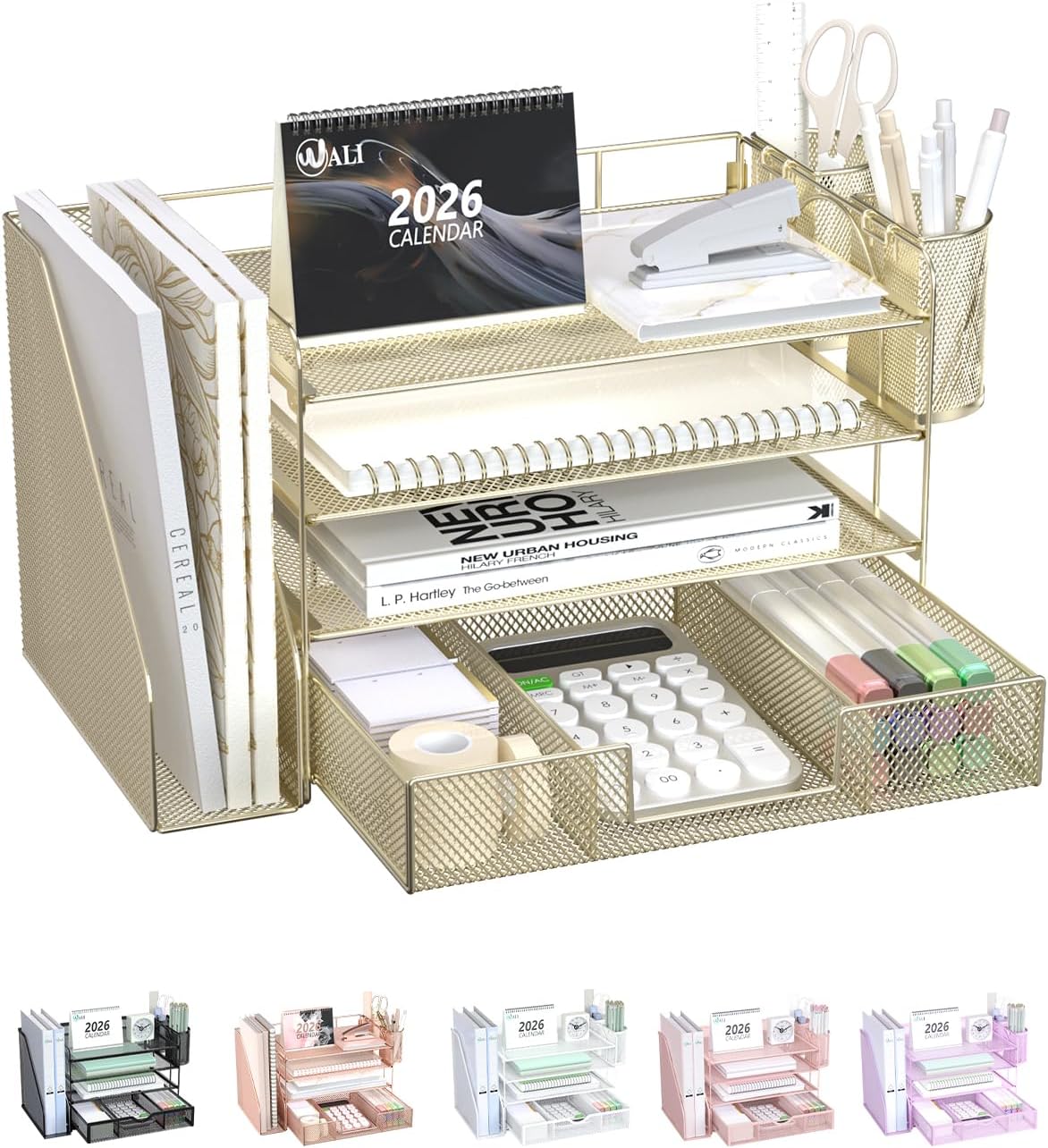 WALI Desk File Organizer, 4 Tier Desktop Paper Letter Tray Organizer with Drawer and 2 Pen Holders, Office Desk Accessories & Workspace Organizers for Office, Home, School Supplies, 1 Pack, Gold by WALI