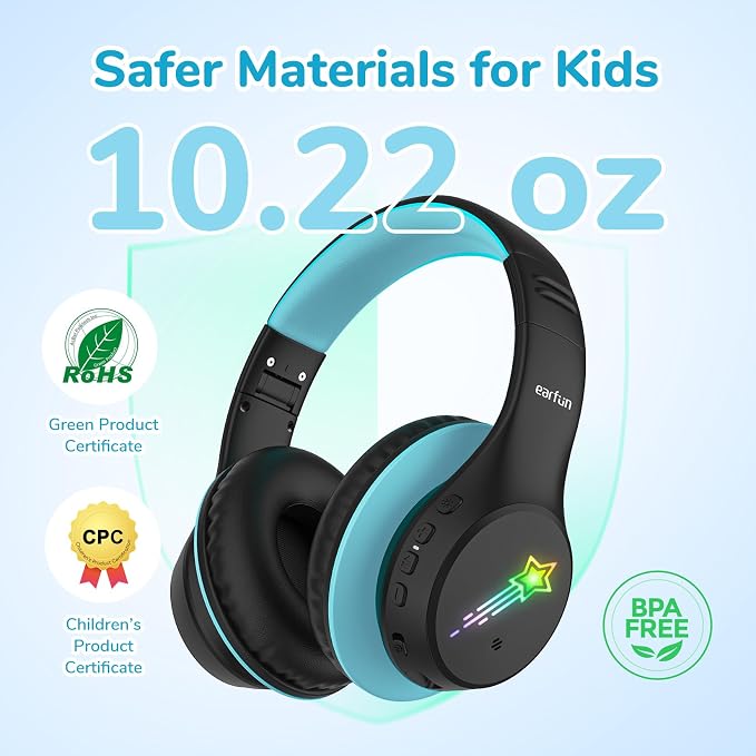 EarFun K4 Kids Bluetooth Headphones, Wireless Headphones with Lights, Black | 74/85/94dBA Volume Limited, Built-in Mic, 90H Playtime, Bluetooth 5.4 Over Ear Headphone for iPad/Tablet/School, Dark Black - Image 6