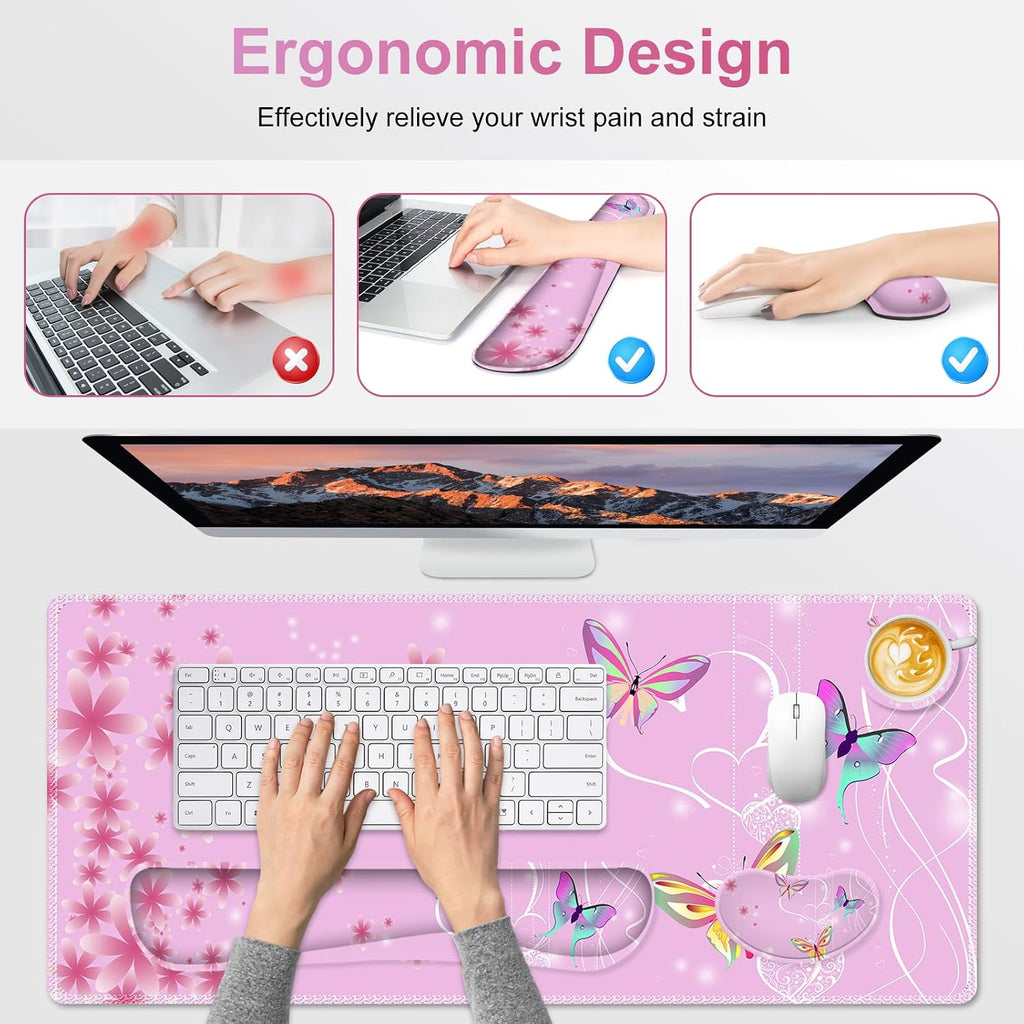 Pink Butterfly Desk Mat, Florals 4 in1 Large Gaming Mouse Pad Set, Ergonomics Keyboard Pad with Memory Foam Wrist Rest, Extended Game Mousepad Non-Slip Desk Protector Matt Easy Typing Pain Relief - Image 5