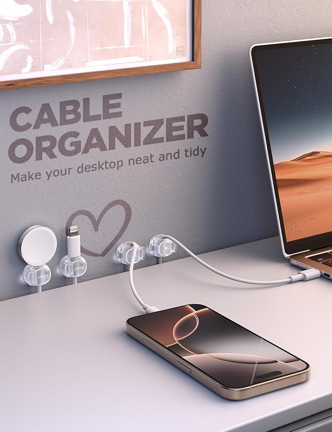 Chfeila 6 Pack Cable Clips, Dorm Room Essentials - Dual Spring Cord Organizer for Cubicle Decor, Cute Desk Organizers and Accessories, Teen Dorm Room Decor, Cubicle Accessories, Nightstand,Clear White - Image 6