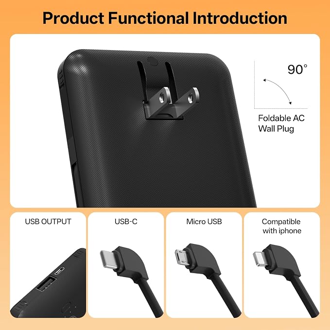 Portable Charger with Built-in Cables and AC Wall Plug, USB C External Battery Pack, 10000mAh Travel Essentials Power Bank Compatible with iPhone17/16/15/14/13, Samsung Galaxy, Pixel,Tablet and More - Image 5