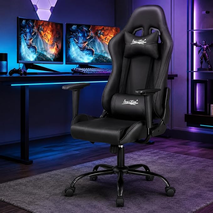 Gaming Chair Office Chair Desk Chair with Lumbar Support Headrest Armrest Task Rolling Swivel Ergonomic E-Sports Adjustable PC Gamer Chair Black - Image 2